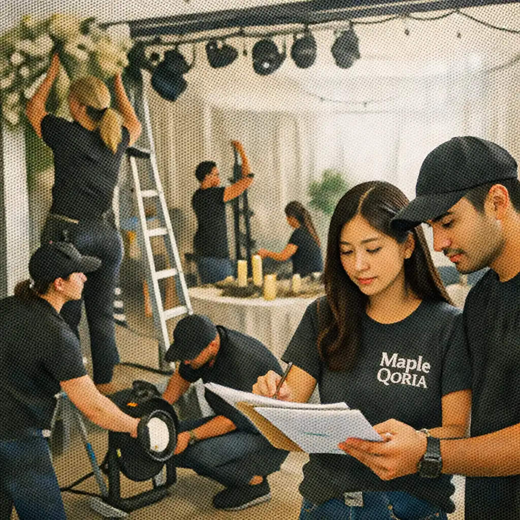 Maple Qoria team setting up an event with decor, lighting, and plans