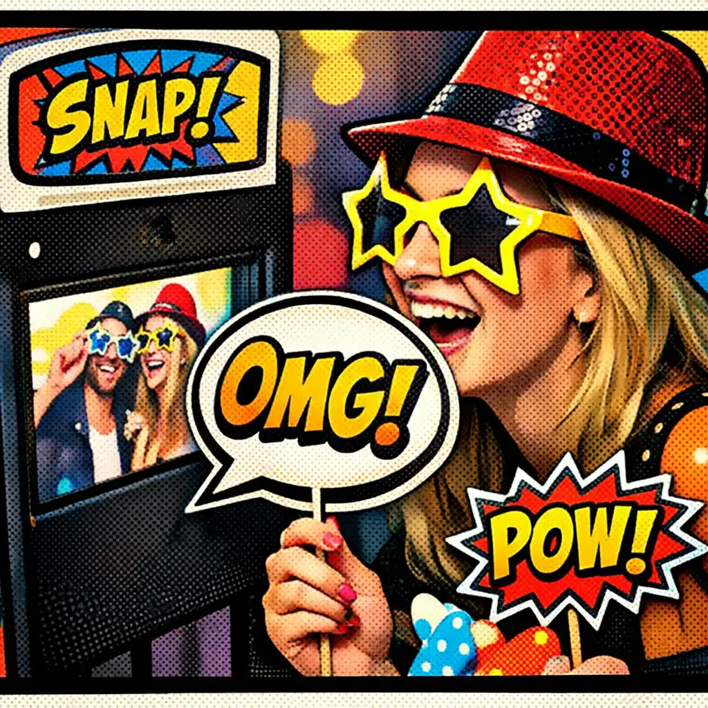 Guest interacting with a comic-style photo booth at a brand activation event