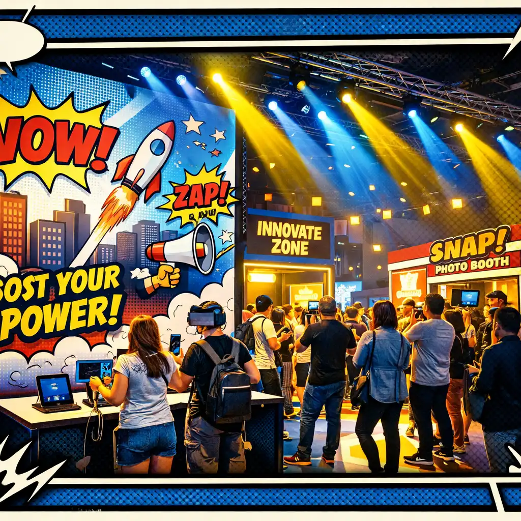 Wide shot of a brand activation event with a comic-style backdrop and engaged attendees