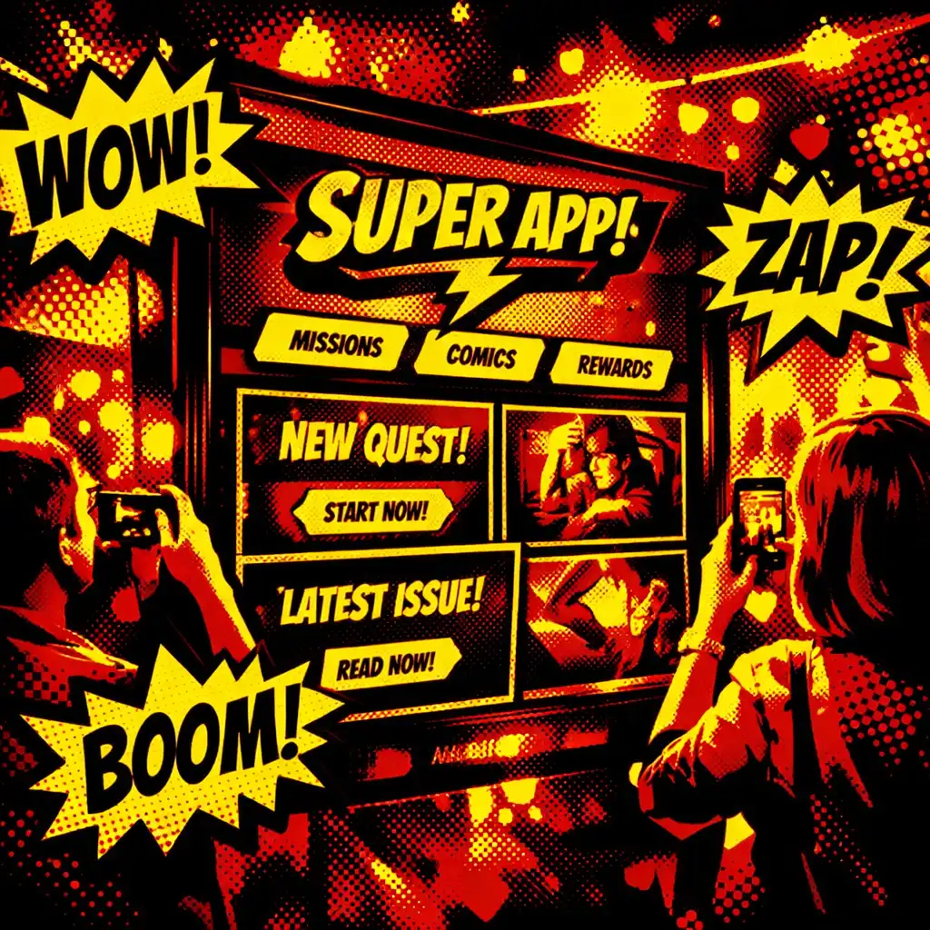Comic-book-themed product launch party with a branded app interface on a large screen surrounded by speech bubbles and halftone decorations