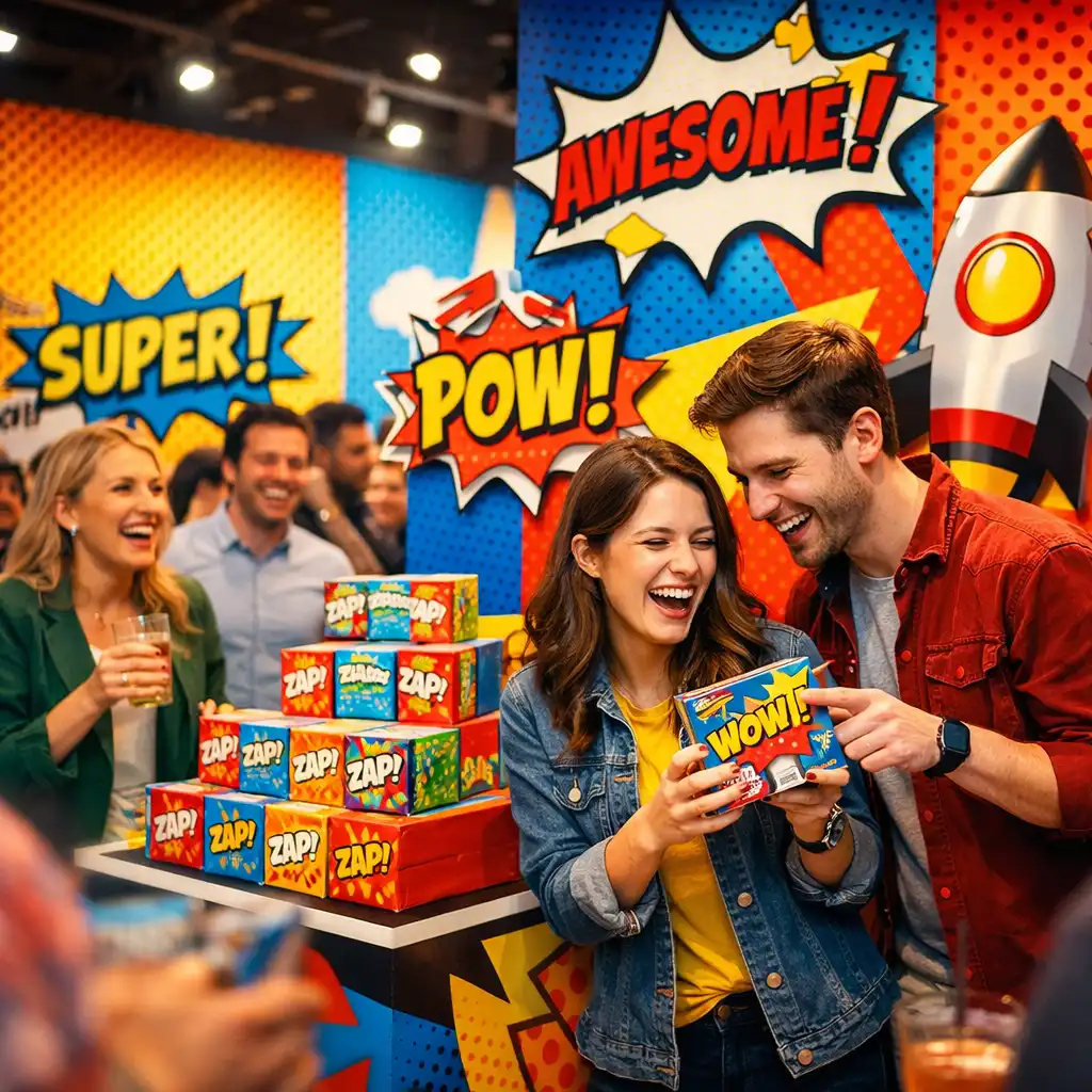 Energetic brand activation event with guests interacting with a colourful comic-book-themed product display