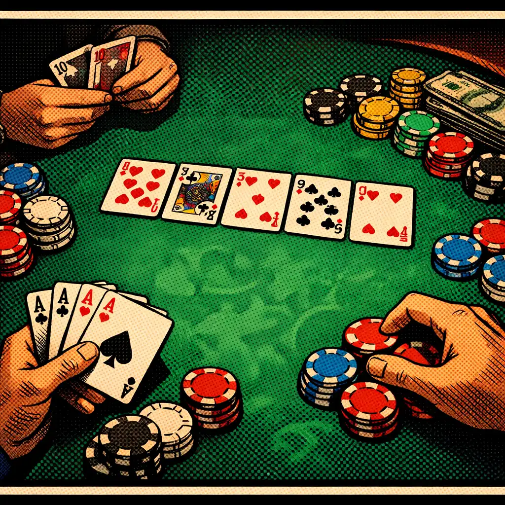 Top-down view of players' hands holding cards and chips at a casino table