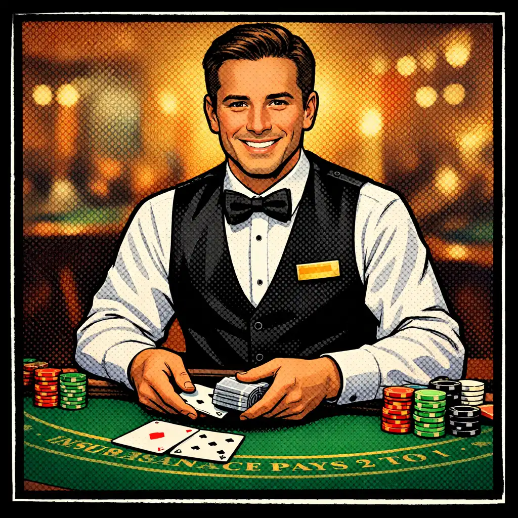 Professional casino dealer smiling while handling cards at a blackjack table