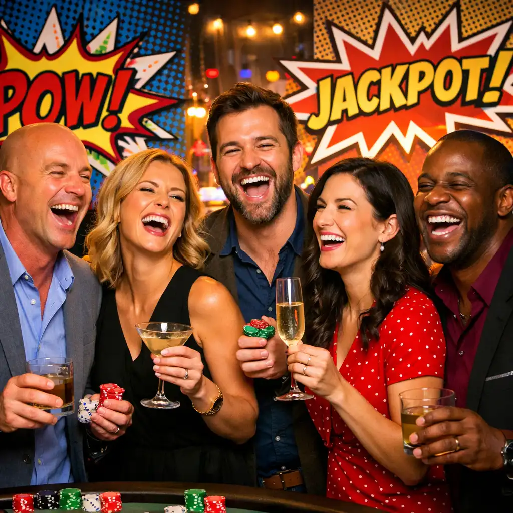 Group of guests laughing and celebrating at a decorated casino night event