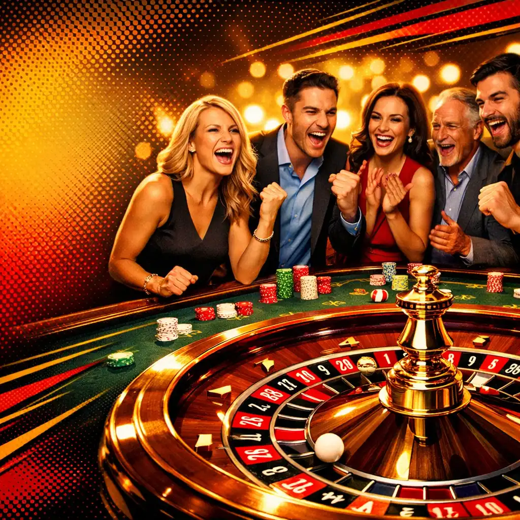 Guests laughing around a roulette table at a lively Maple Qoria casino night