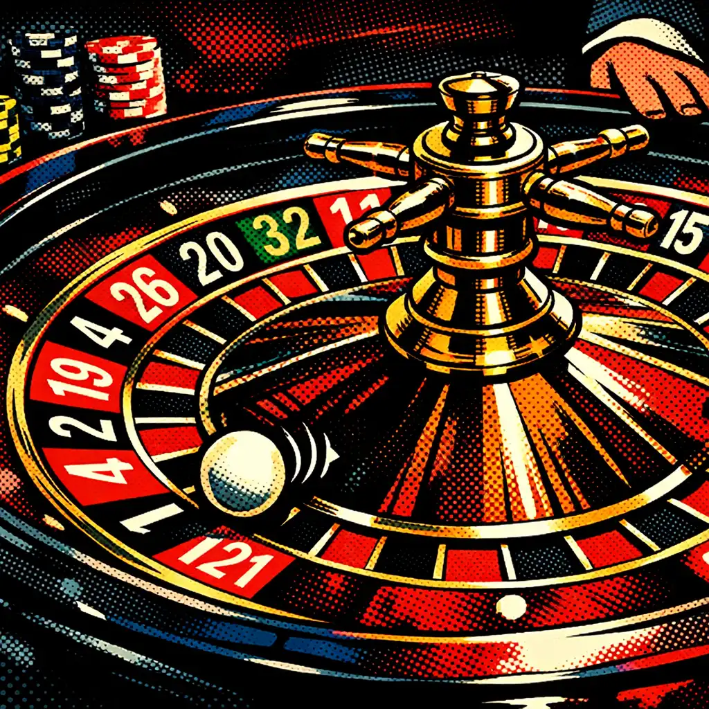 Close-up of a brightly lit roulette wheel in motion with red and black numbers and stacked chips nearby