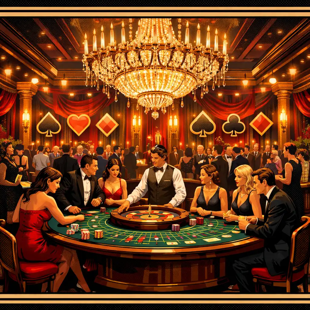 Wide shot of a licensed casino event space with gaming tables and elegant guests