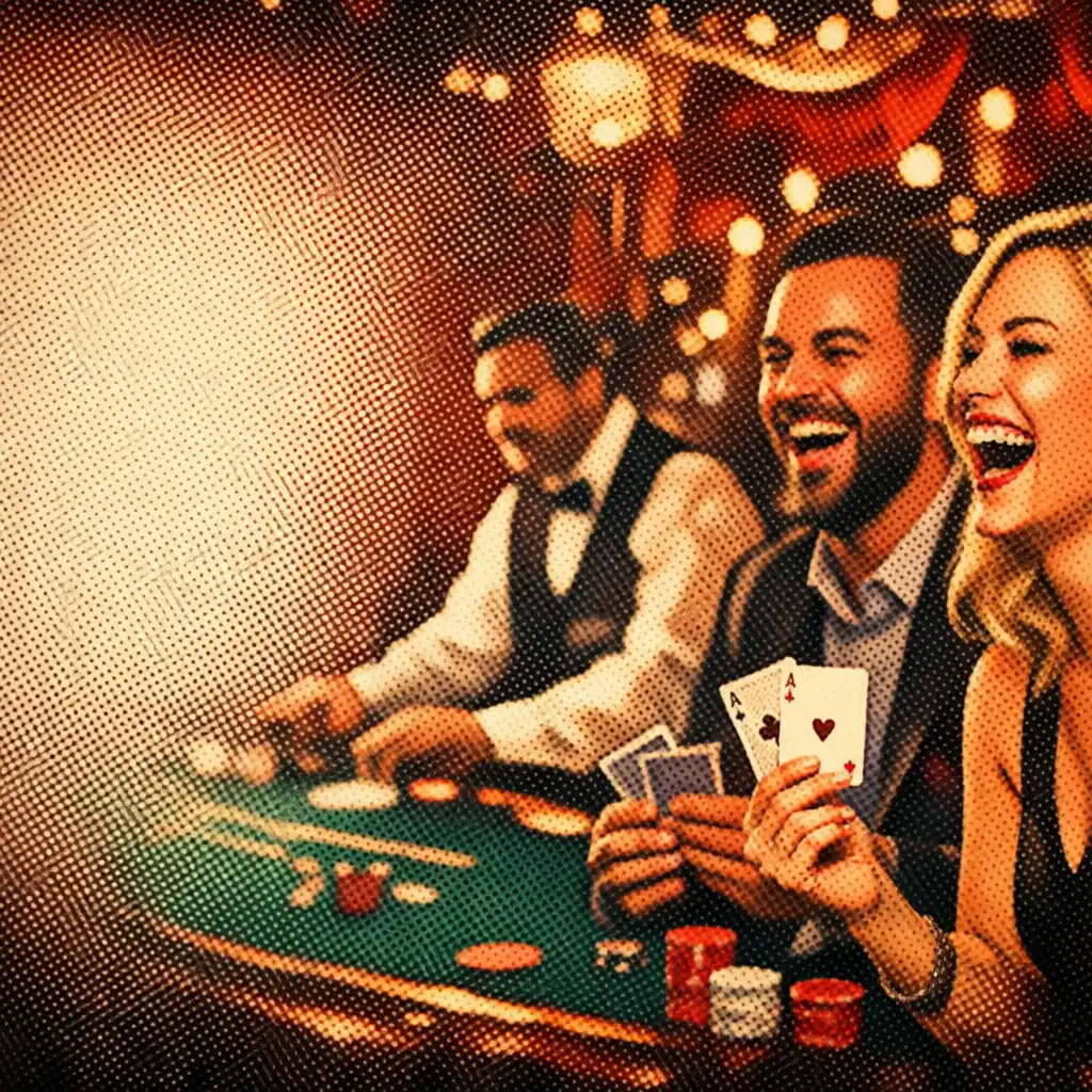 Guests laughing and holding playing cards at a casino event