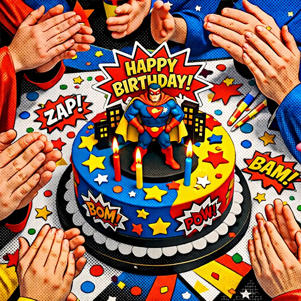 Birthday cake with a superhero topper and guests clapping