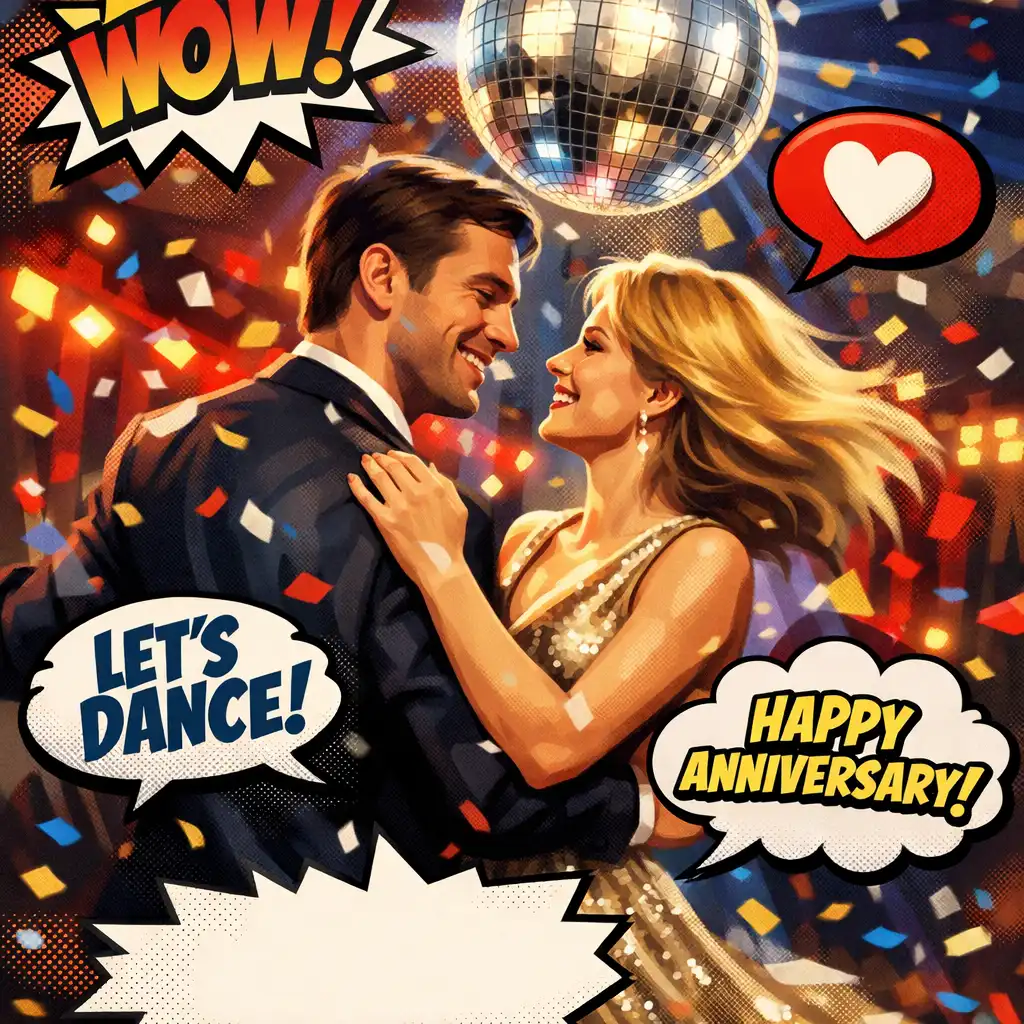 Couple dancing under a disco ball at an anniversary party