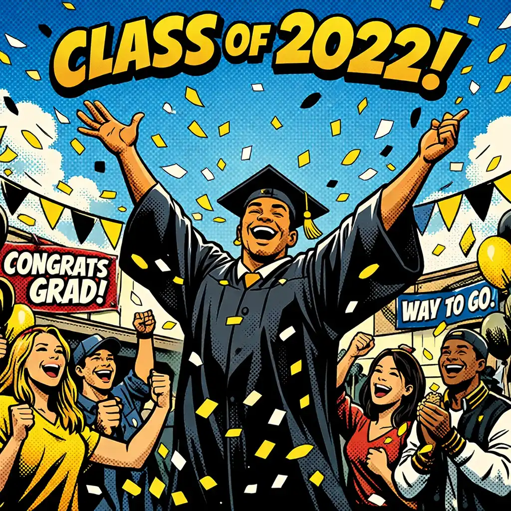 Graduate throwing confetti while friends cheer