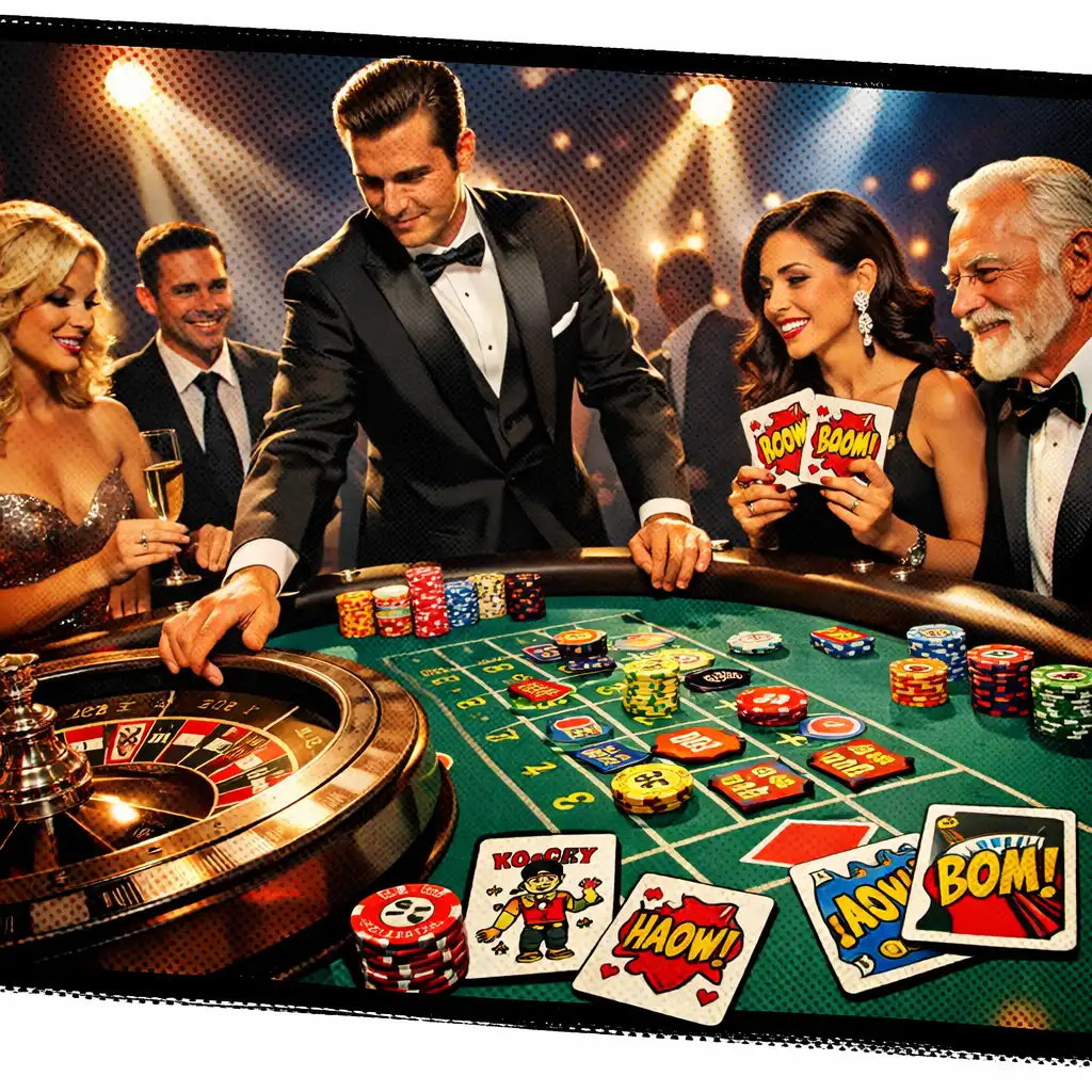 A licensed casino night with an elegant roulette table, professional dealer, and guests in formal attire