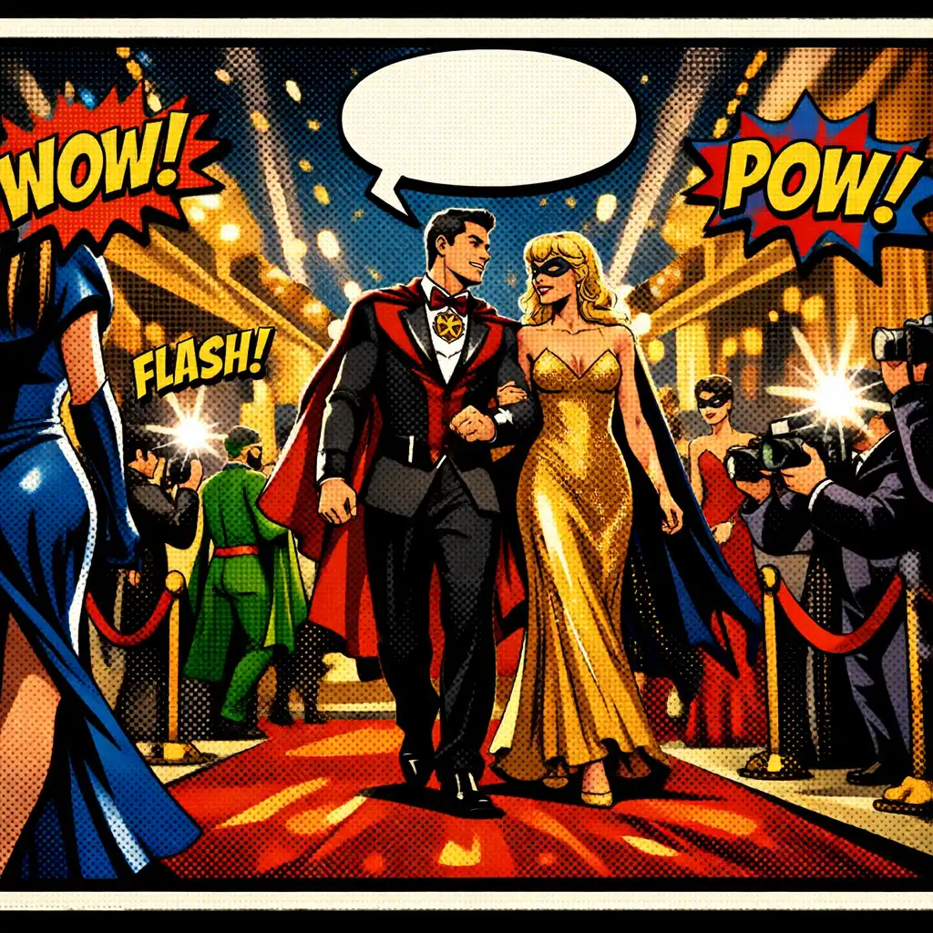 A glamorous gala event with guests in superhero-inspired formal wear and comic-style speech bubble decorations