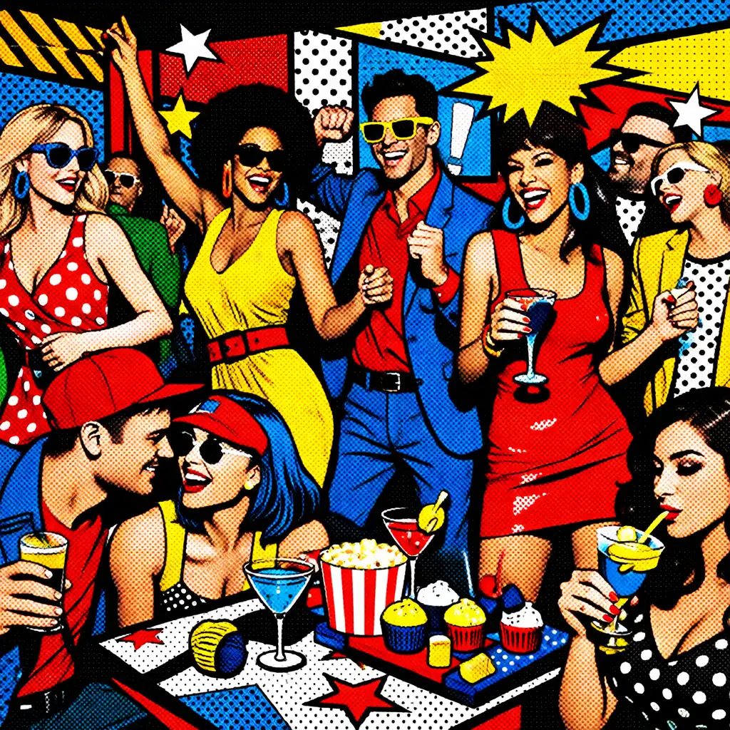 A vibrant party scene with pop-art inspired decor, bold geometric patterns, and guests in colorful outfits