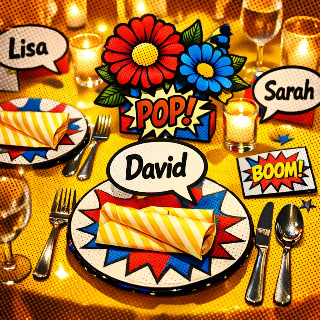 Beautifully decorated dinner table with bright yellow tablecloth, comic-style place settings, and pop-art flowers