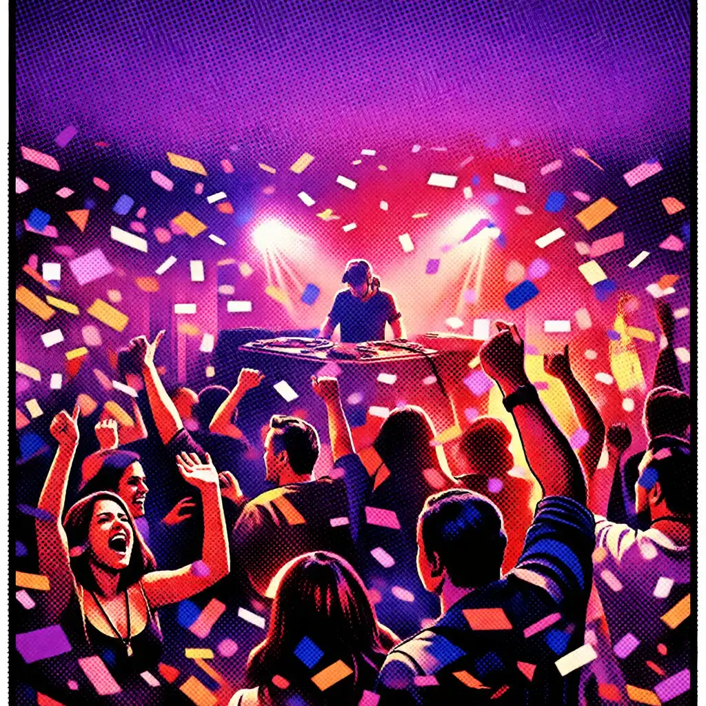A lively crowd dancing and cheering at an energetic party with confetti in the air and vibrant purple lighting
