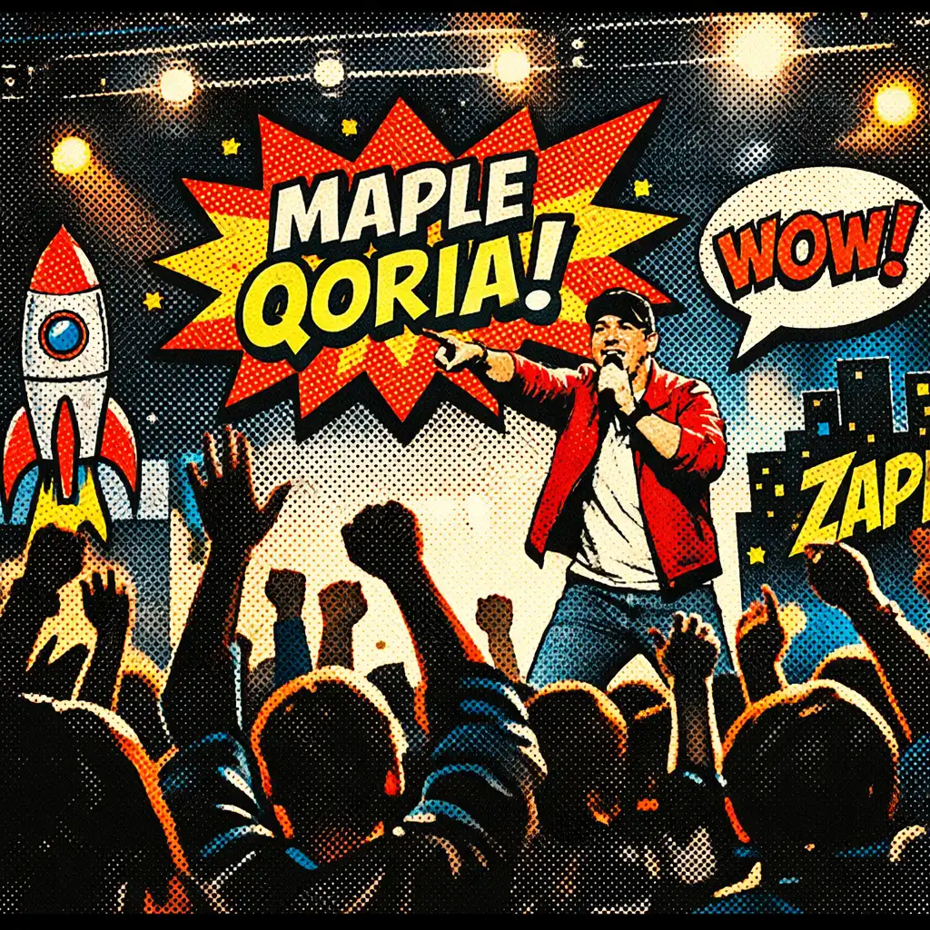 A performer engaging the audience on a stage decorated with comic-style props and bright lighting