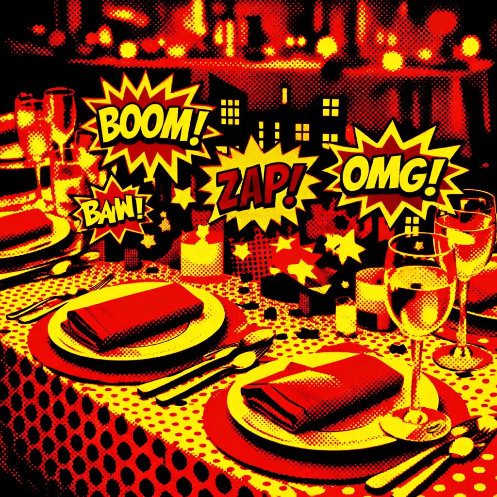 A decorated dinner table at a Maple Qoria themed event with comic-book inspired centerpieces and bold table settings