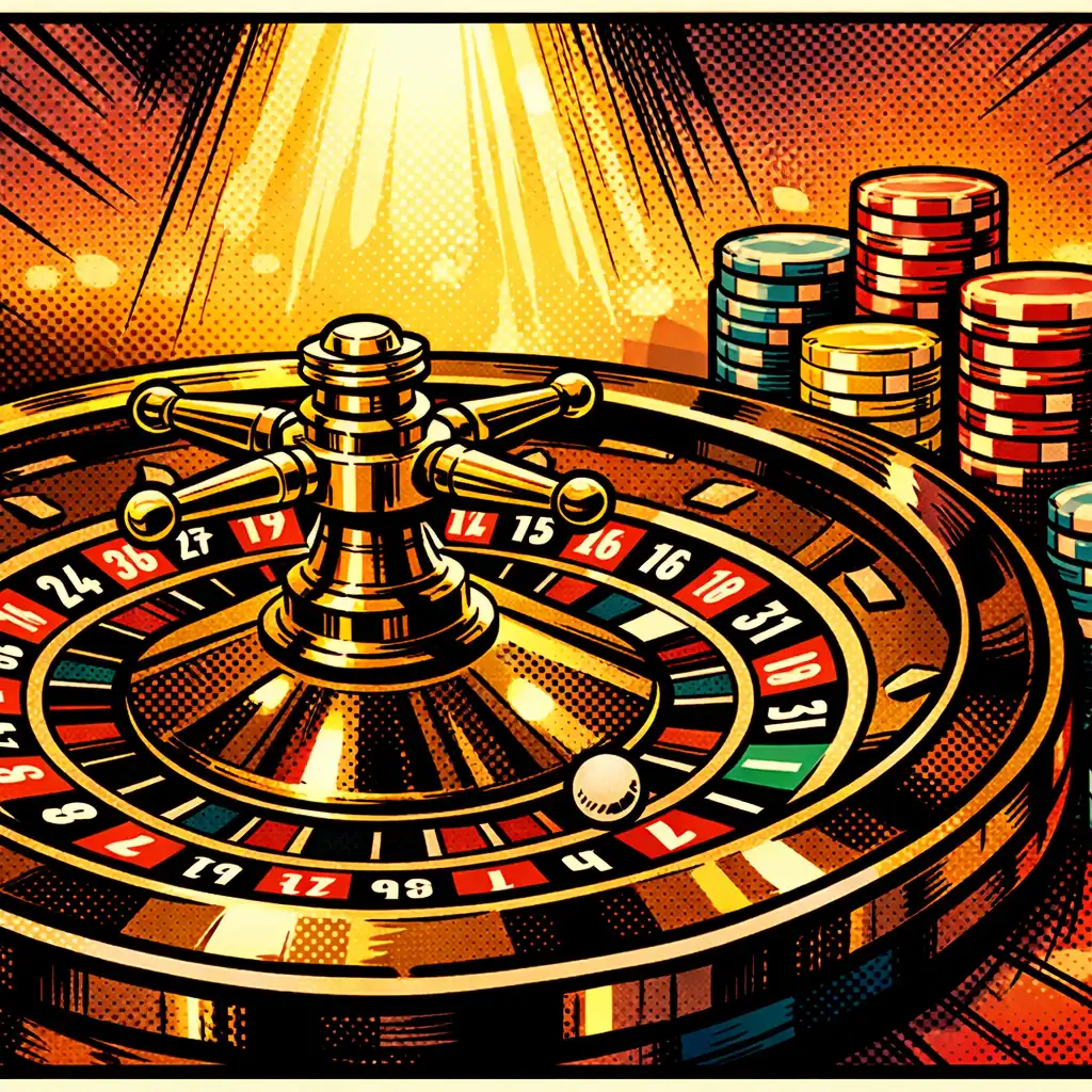 Close-up of a roulette wheel on a casino table with chips stacked neatly under dramatic spotlight