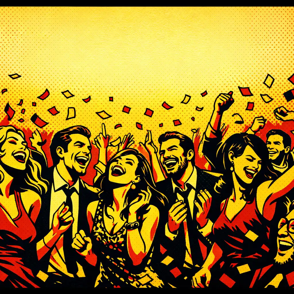 Lively crowd at a Maple Qoria event, guests laughing and dancing under colorful comic-style lighting with confetti in the air