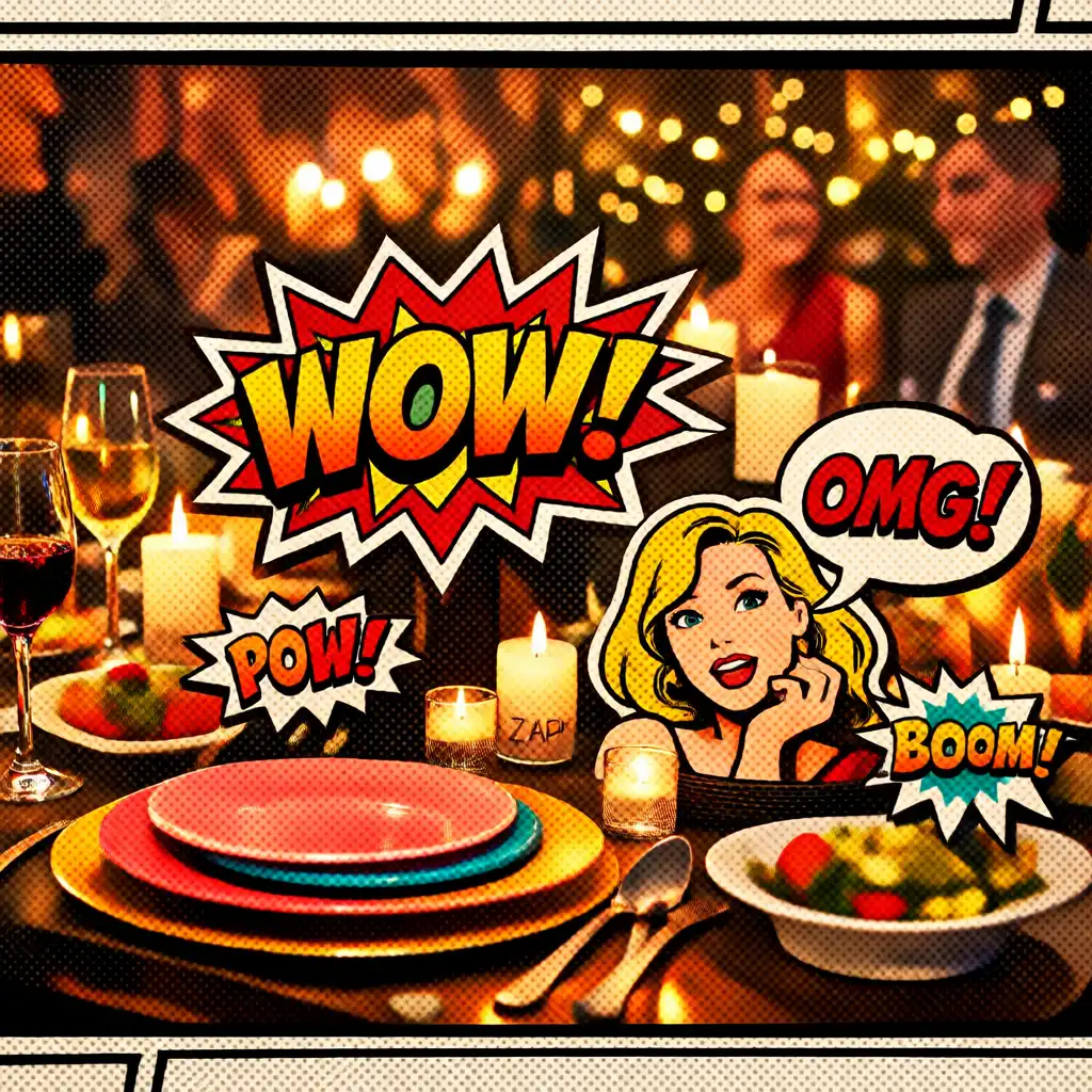 Decorated dinner table at a private celebration with comic-style centerpieces