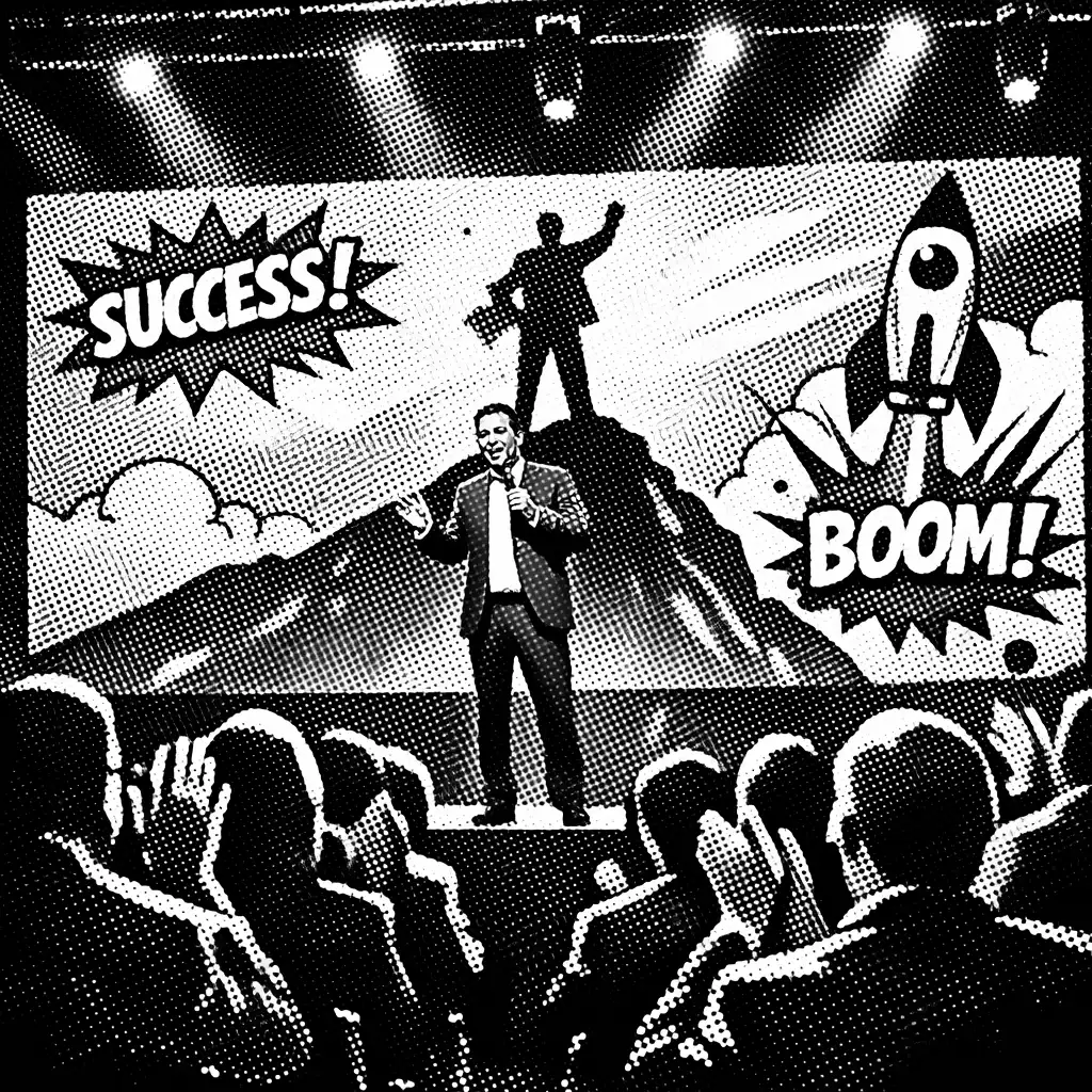 Speaker on stage at a corporate event under bright spotlights