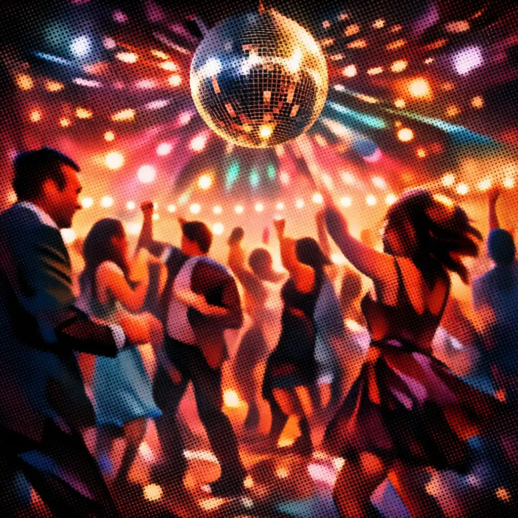 Wide shot of a dance floor at a private party under a disco ball