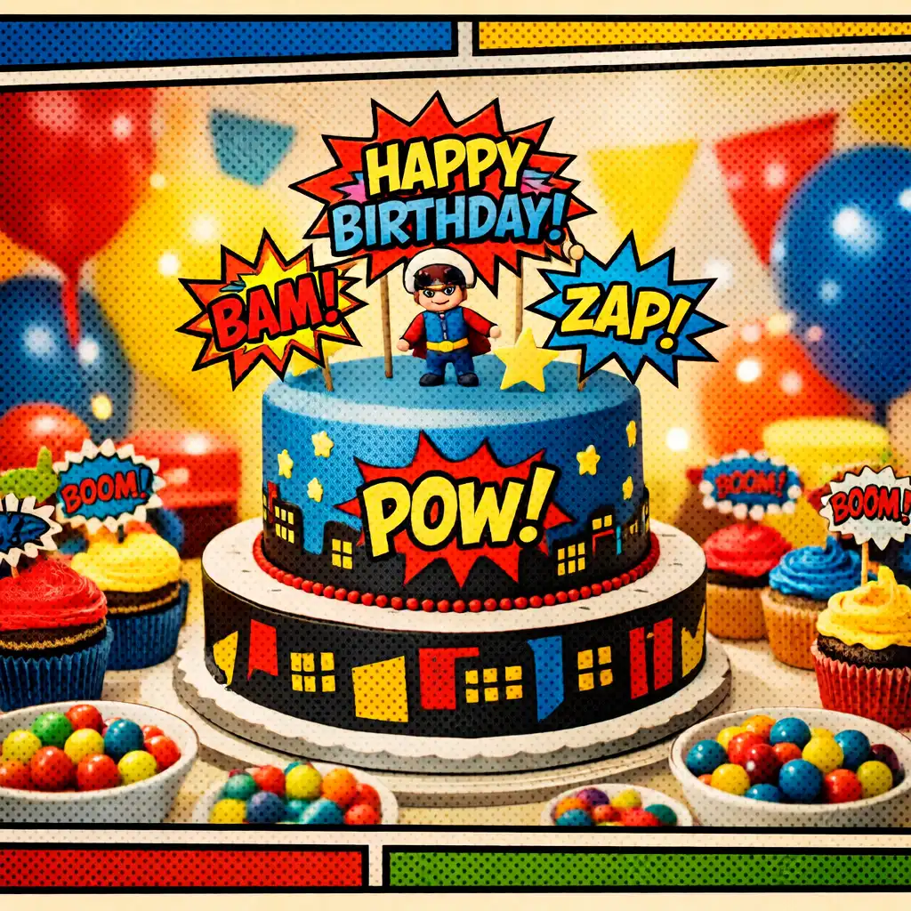 Dessert table at a birthday celebration with a comic-themed cake