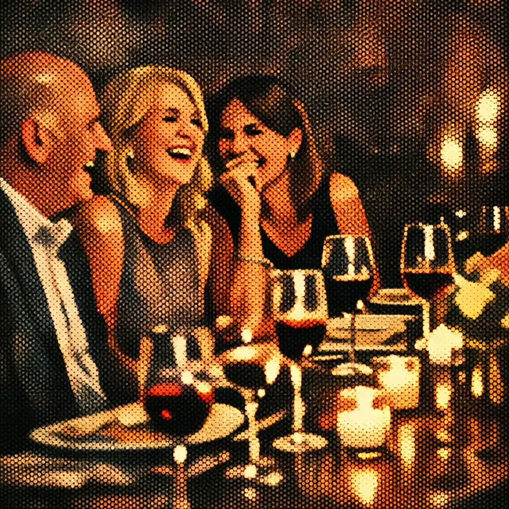 Guests laughing at a table during a warm dinner event