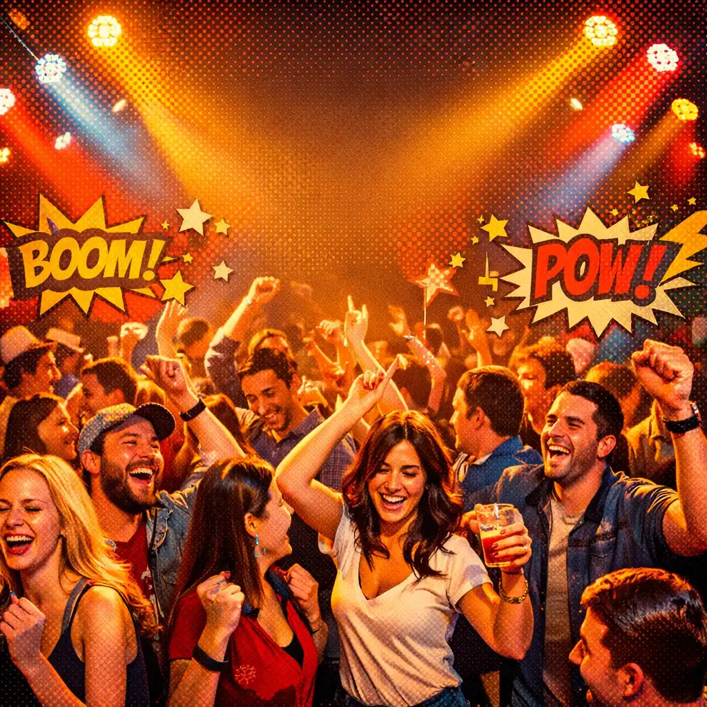 Energetic event crowd laughing and dancing under colourful stage lights at a Maple Qoria party