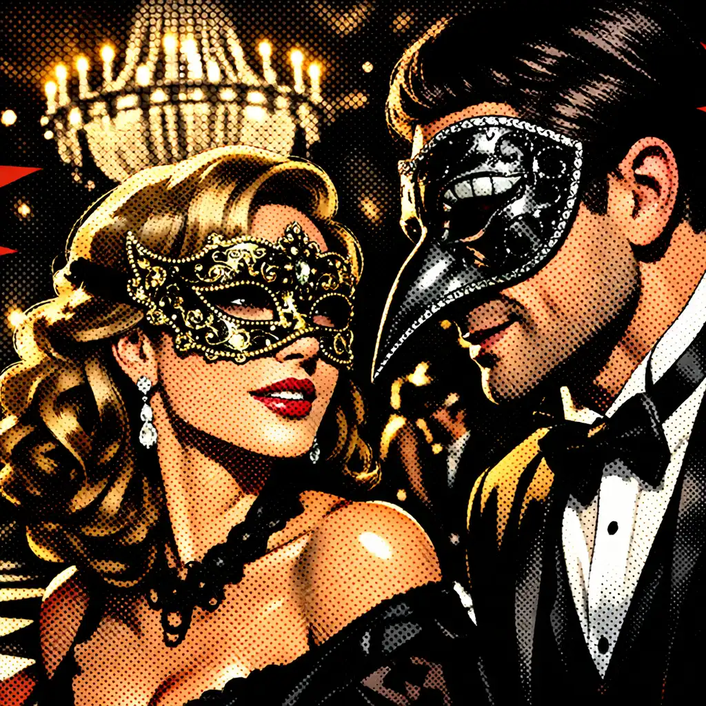 Two masked guests conversing at an elegant masquerade party with dramatic lighting
