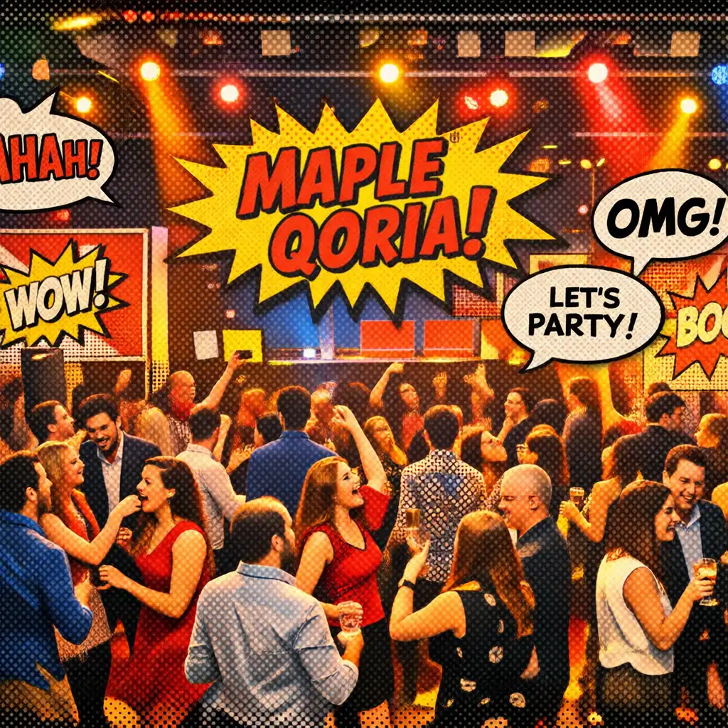 Guests mingling and dancing in a venue decorated with comic-style panels and bold yellow and red accents