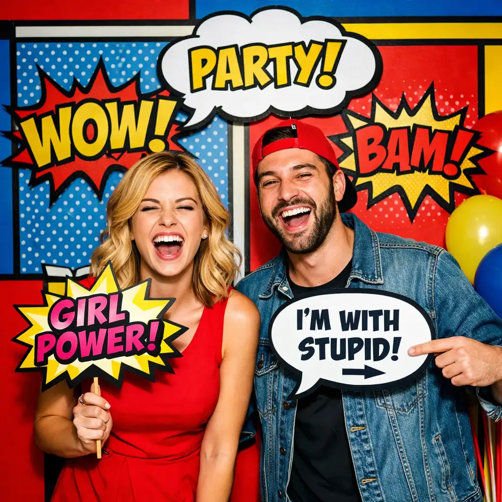 Guests posing in a pop-art themed photo booth with speech bubble props