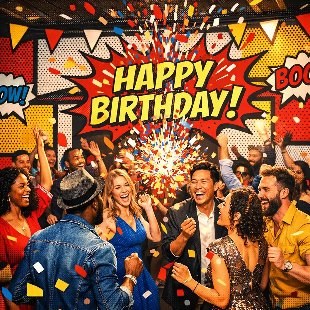 Guests laughing and dancing under colorful comic-style decorations at a private celebration