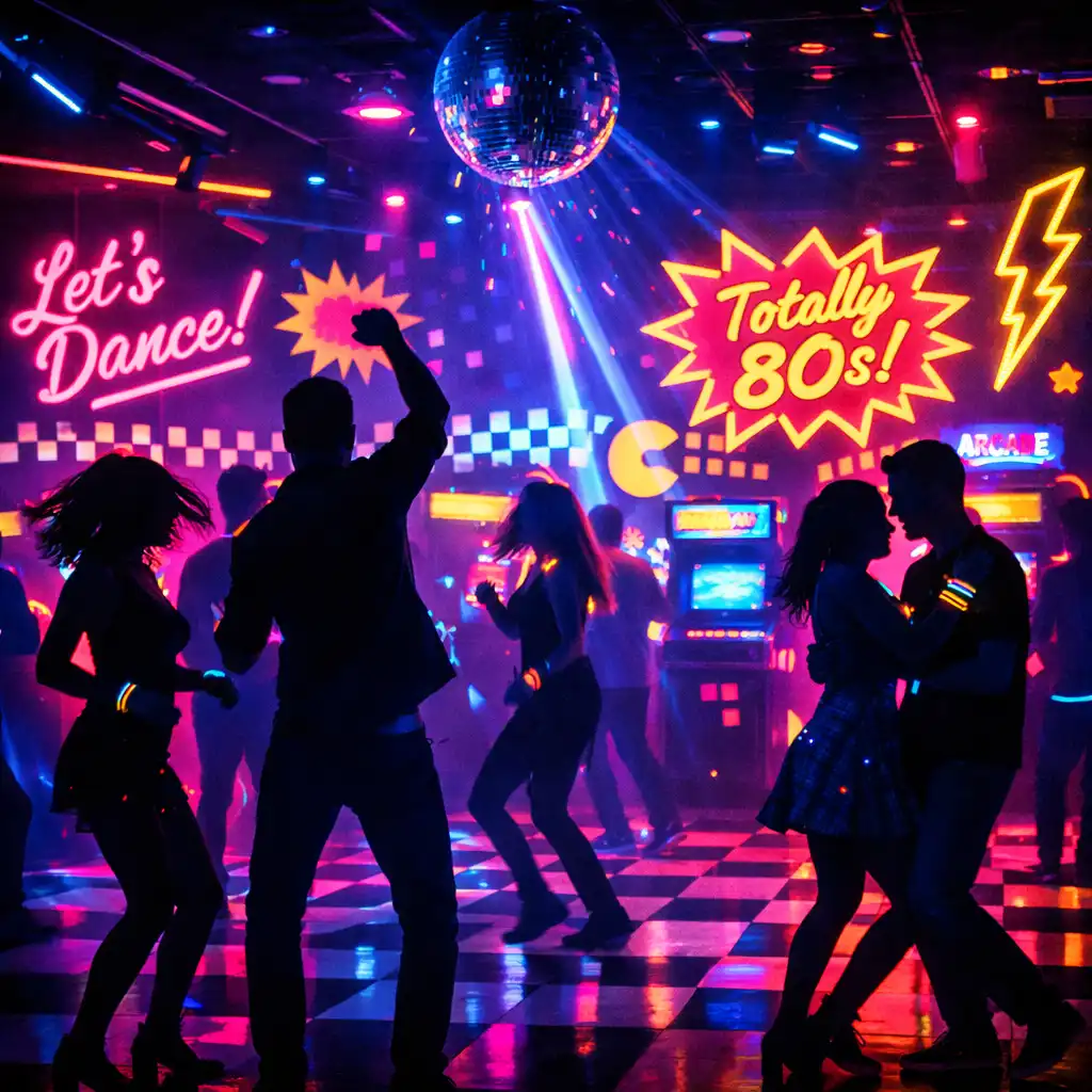 Guests dancing under neon lights at a retro-themed party with arcade games