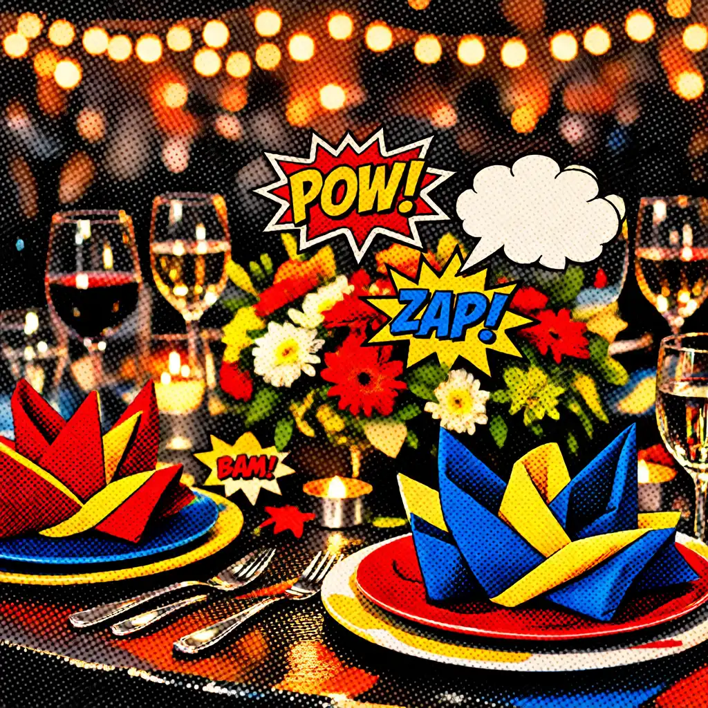 A beautifully decorated dinner table at a social celebration with colorful plates, comic speech bubble place cards, and warm string lights