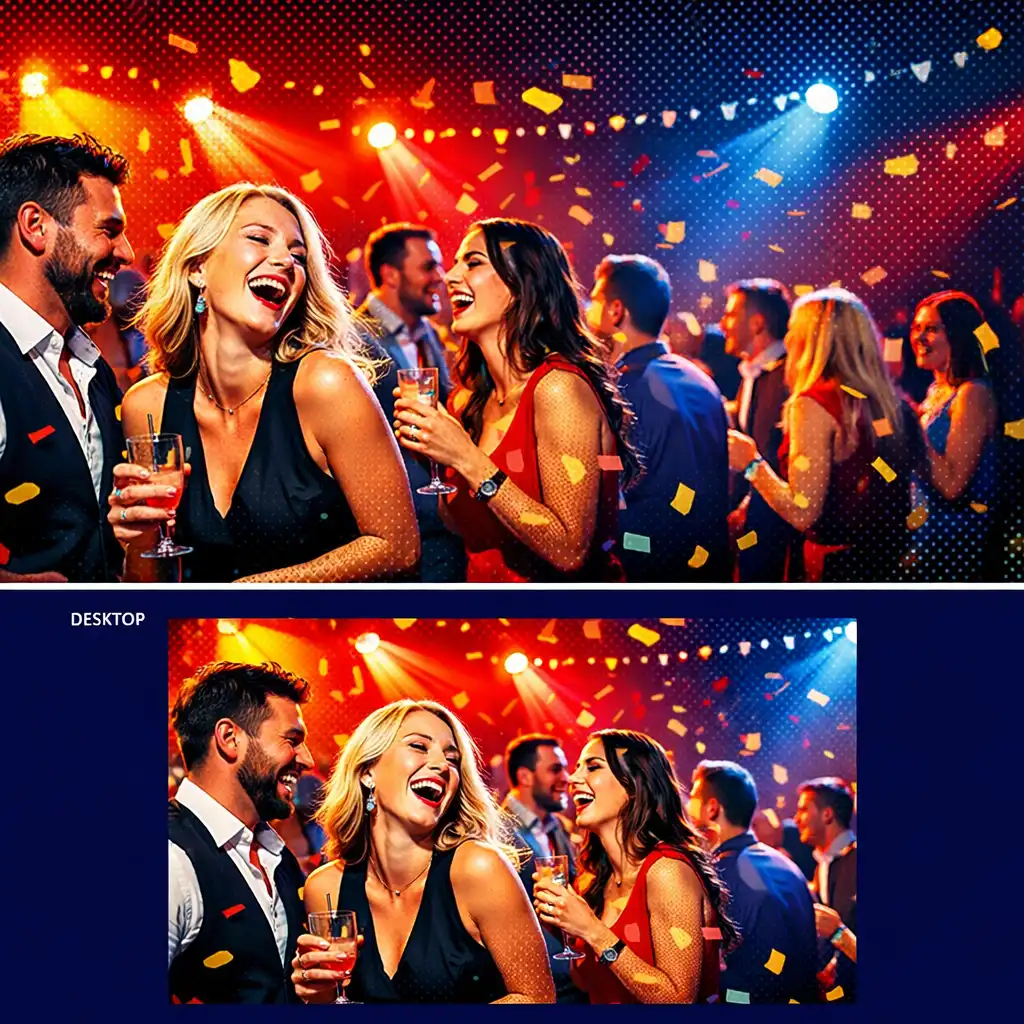 A lively Maple Qoria event crowd laughing and dancing under colorful comic-style lighting