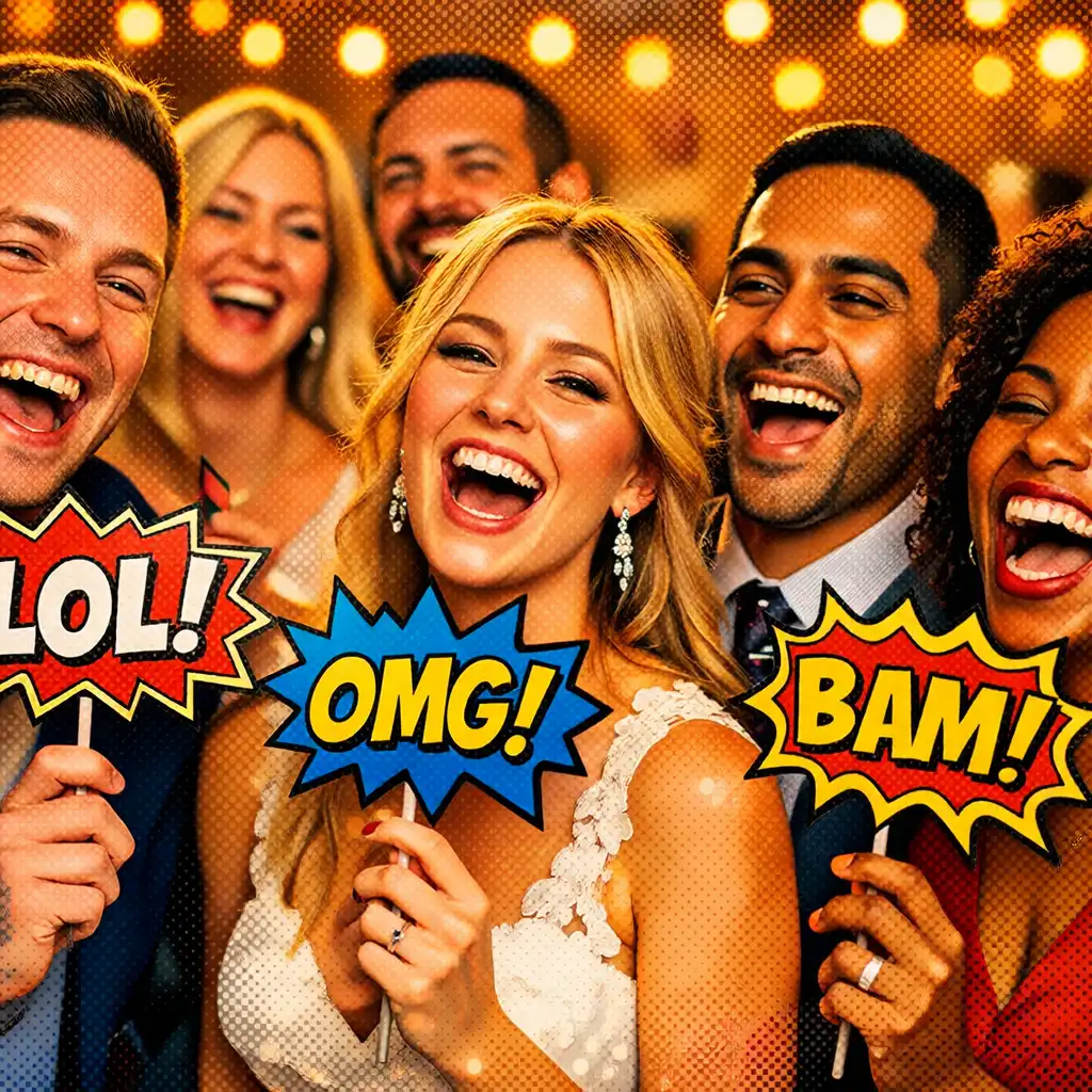A close-up of a joyful crowd at an event with guests laughing and holding comic-style props
