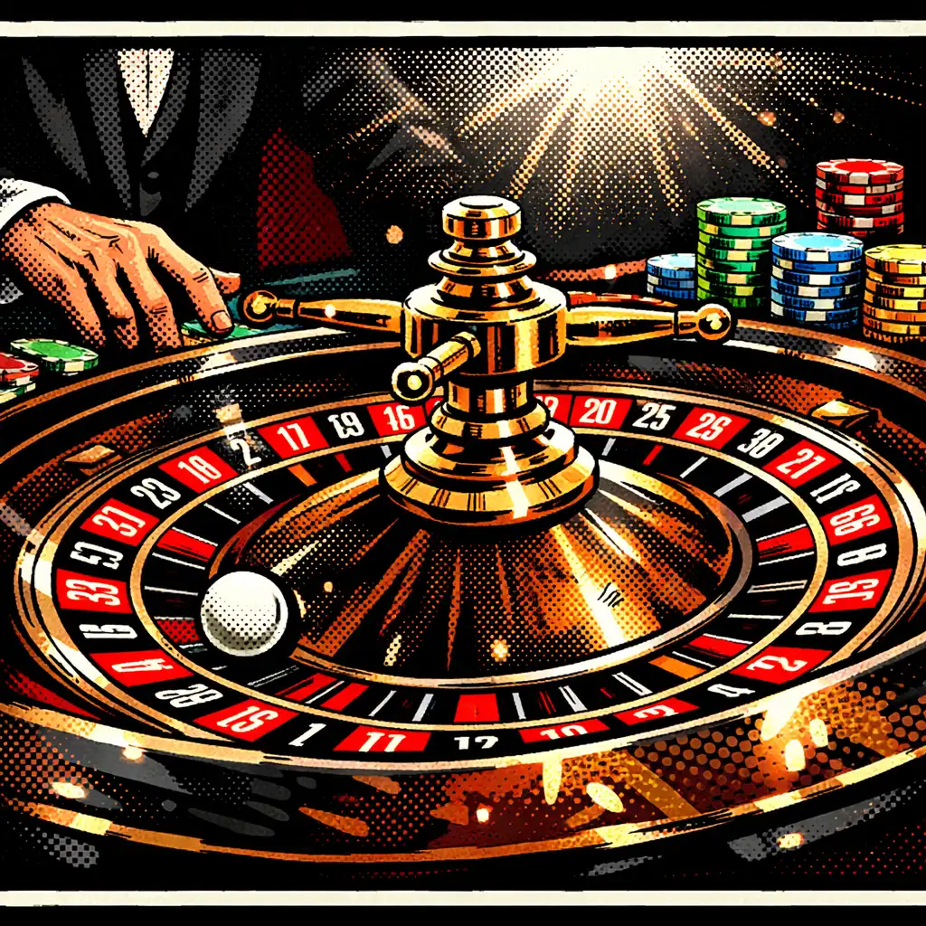 A detailed shot of a roulette wheel in motion at a licensed casino night with colorful chips