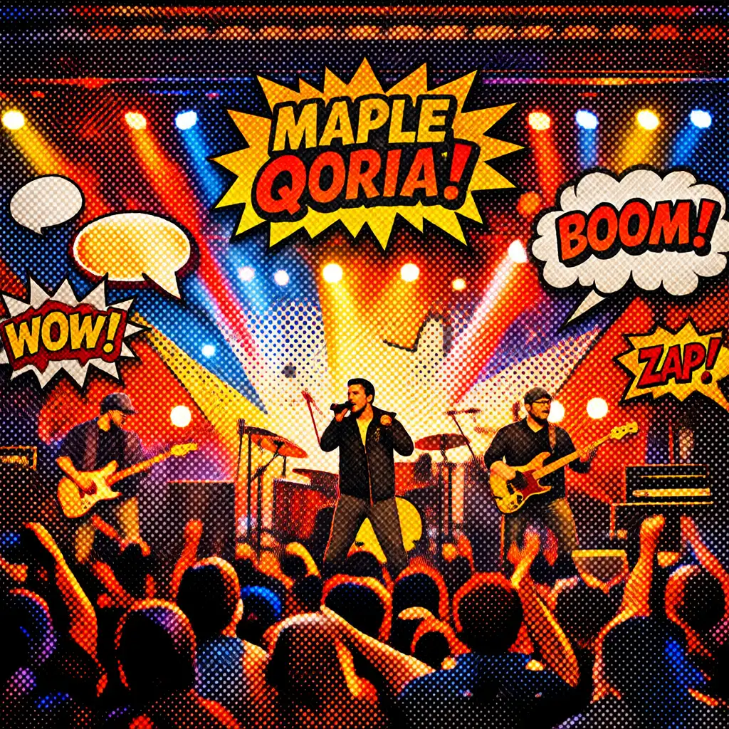 A stage at a Maple Qoria event with a live band performing under colorful comic-style lighting